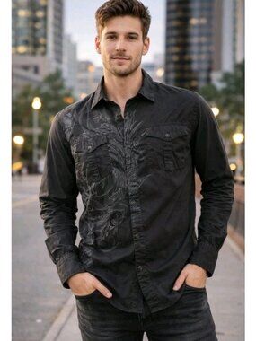 International Concepts Mens Y2K Floral Graphic Button-Down Shirt Size XL Black